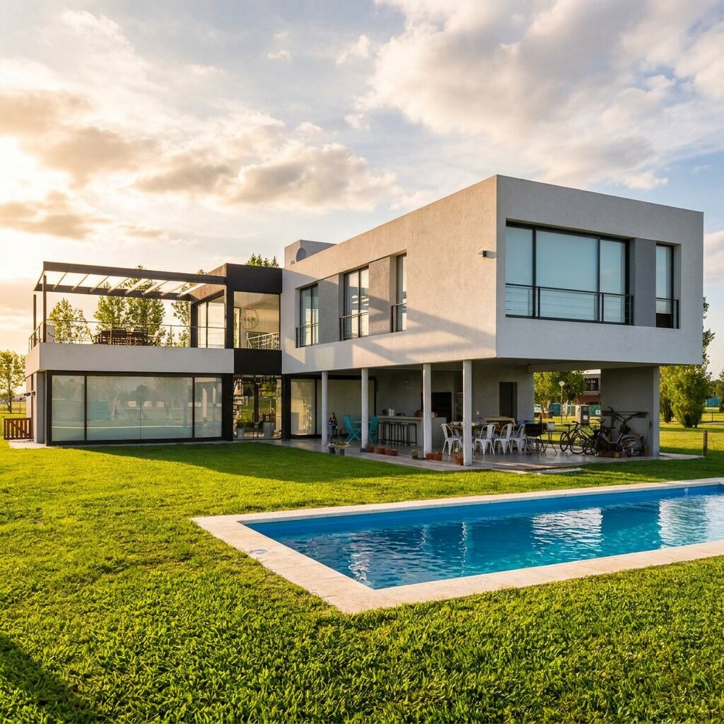 Contrafachada de Casa TL-582 y su relación con la pileta y la galería
